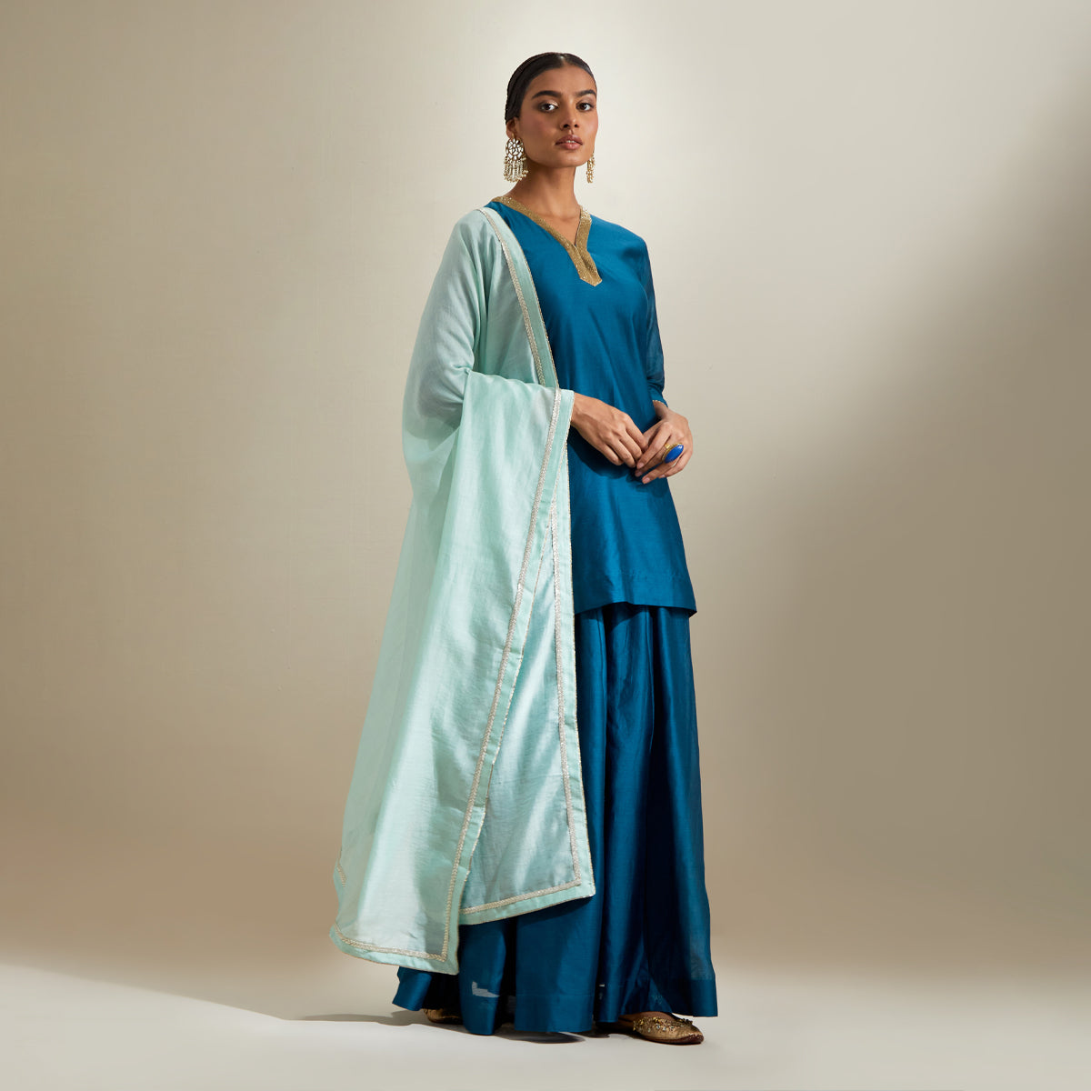 V Neck Kurti & Sharara in Teal Chanderi with Mint Gota Dupatta