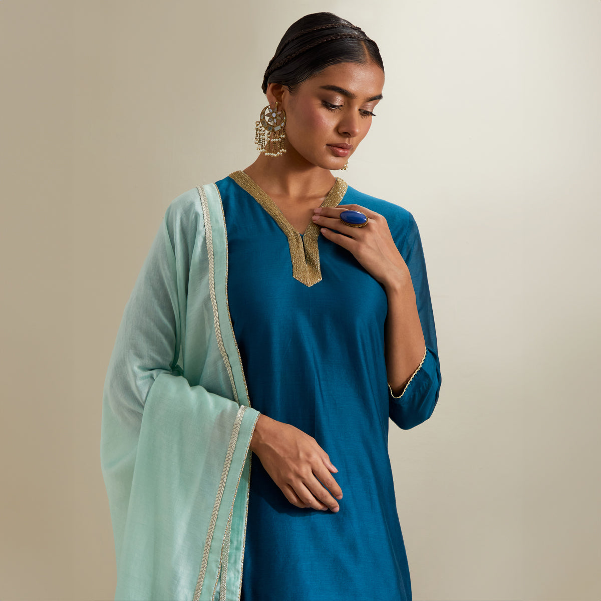 V Neck Kurti & Sharara in Teal Chanderi with Mint Gota Dupatta