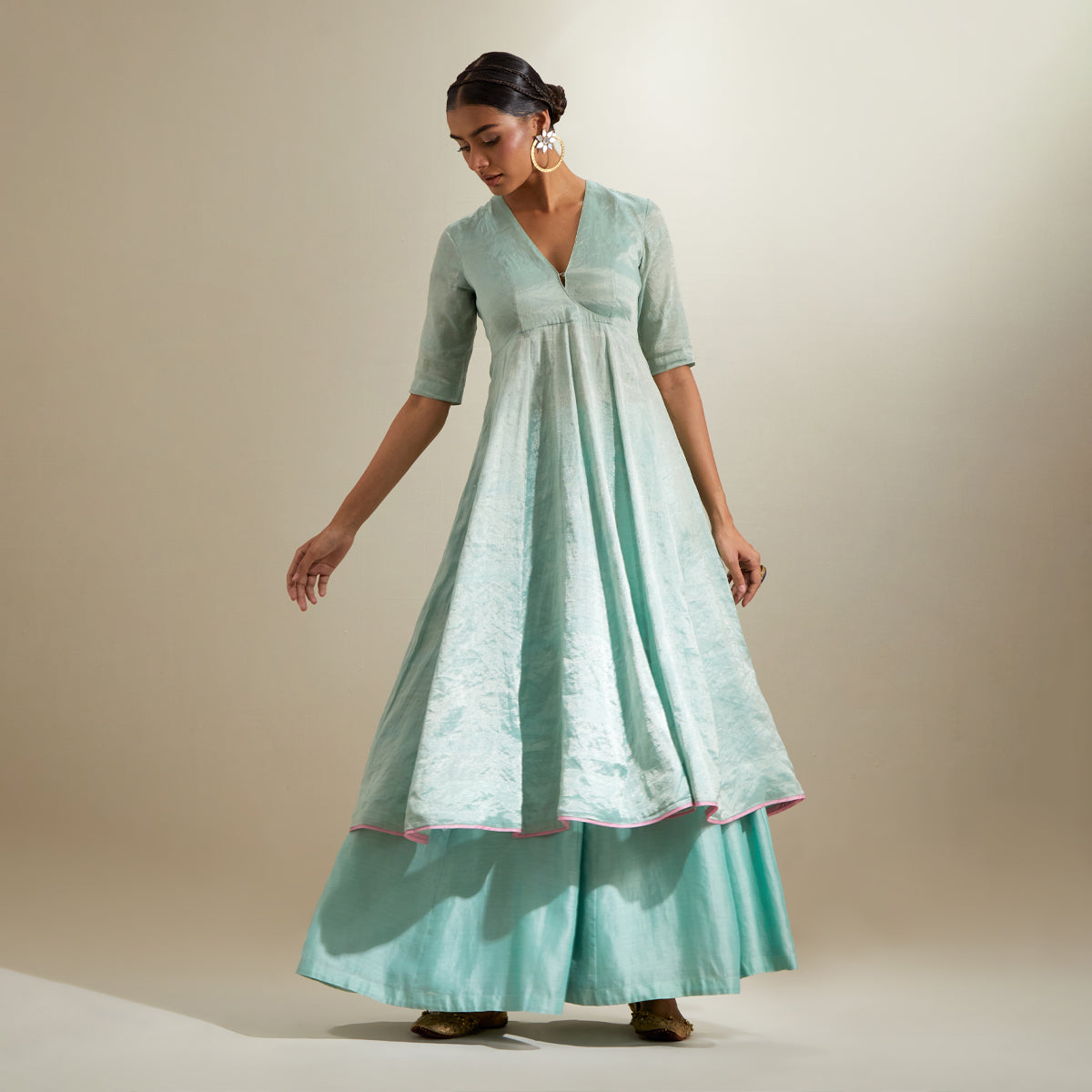 Mint Zari Anarkali & Chanderi Flared Palazzo with Embroidered Katan Dupatta