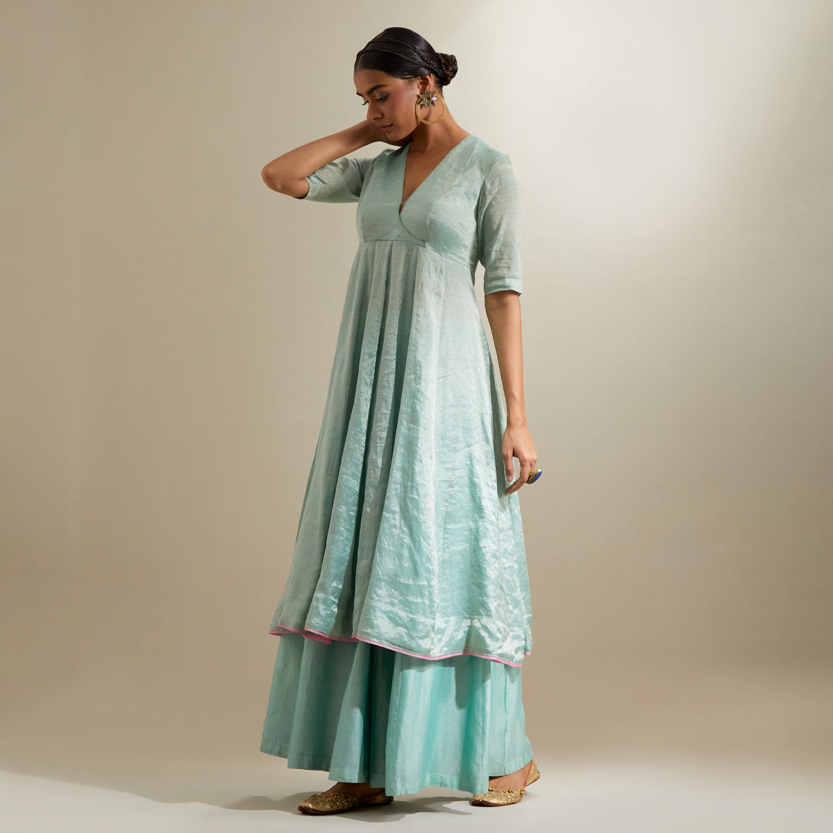 Mint Zari Anarkali & Chanderi Flared Palazzo with Embroidered Katan Dupatta