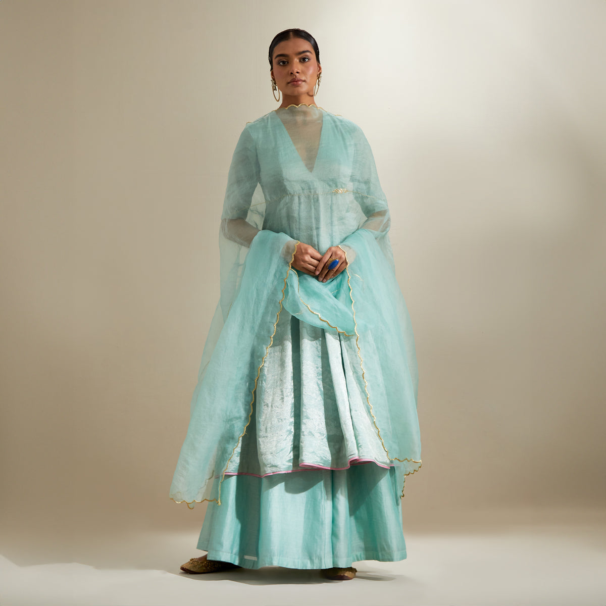 Mint Zari Anarkali & Chanderi Flared Palazzo with Embroidered Katan Dupatta