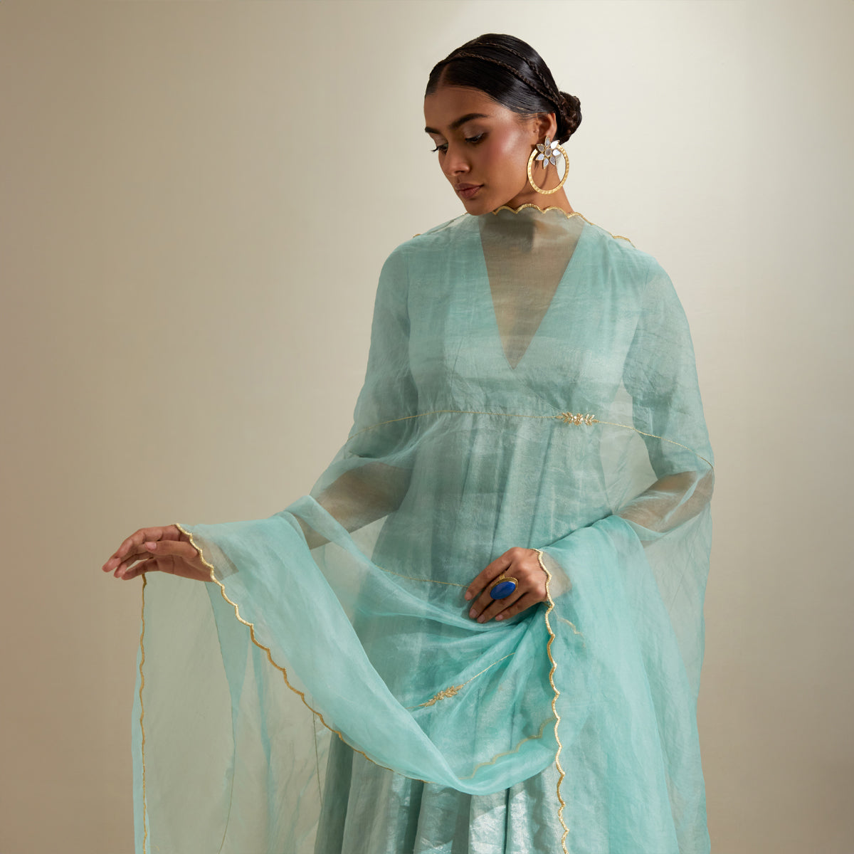 Mint Zari Anarkali & Chanderi Flared Palazzo with Embroidered Katan Dupatta