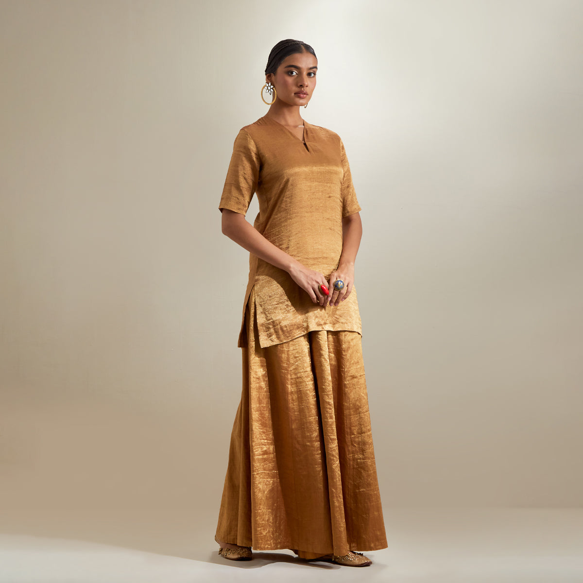 Gold Zari Short kurta and Sharara, with Hot Pink Embroidered Dupatta