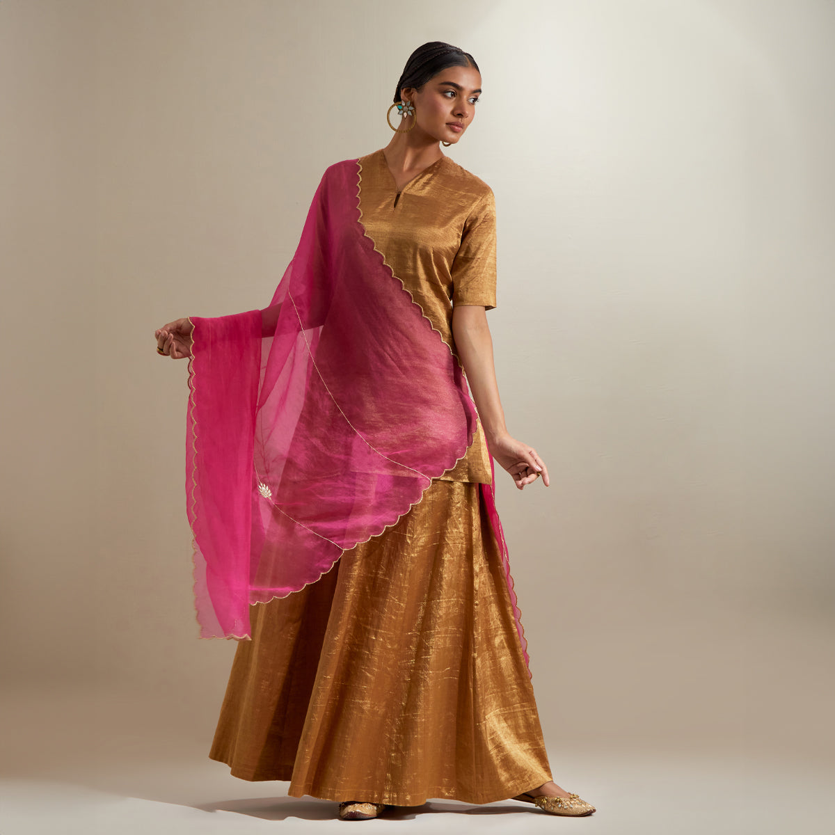 Gold Zari Short kurta and Sharara, with Hot Pink Embroidered Dupatta
