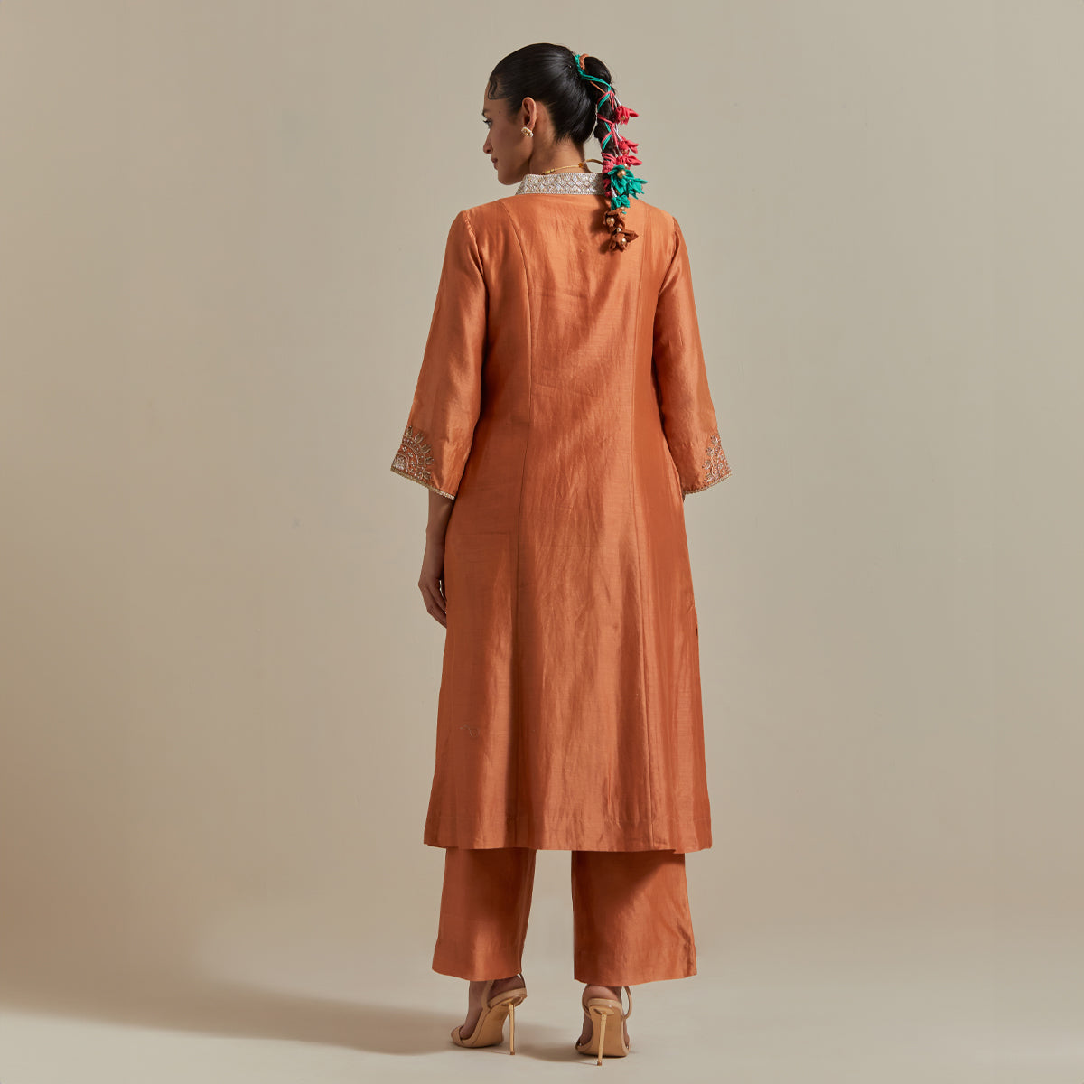 Saffron Brown Chanderi Kurta Set with Zari Striped Dupatta