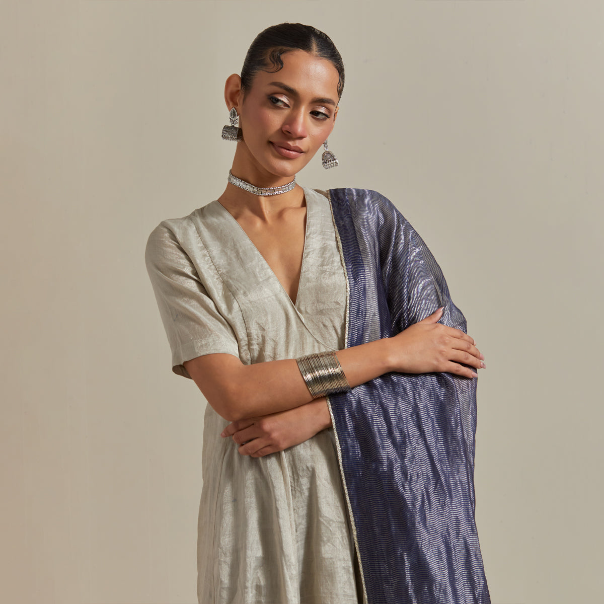 Silver Zari Anarkali, Pants and Blue Silver Stripes Dupatta in Chanderi Handloom