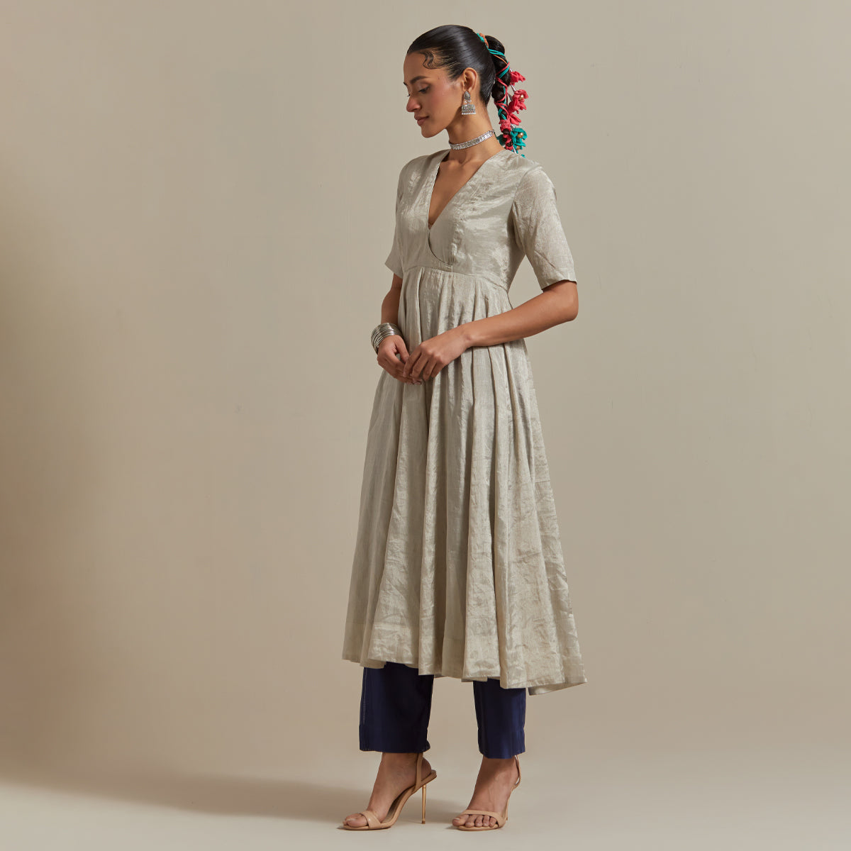 Silver Zari Anarkali, Pants and Blue Silver Stripes Dupatta in Chanderi Handloom