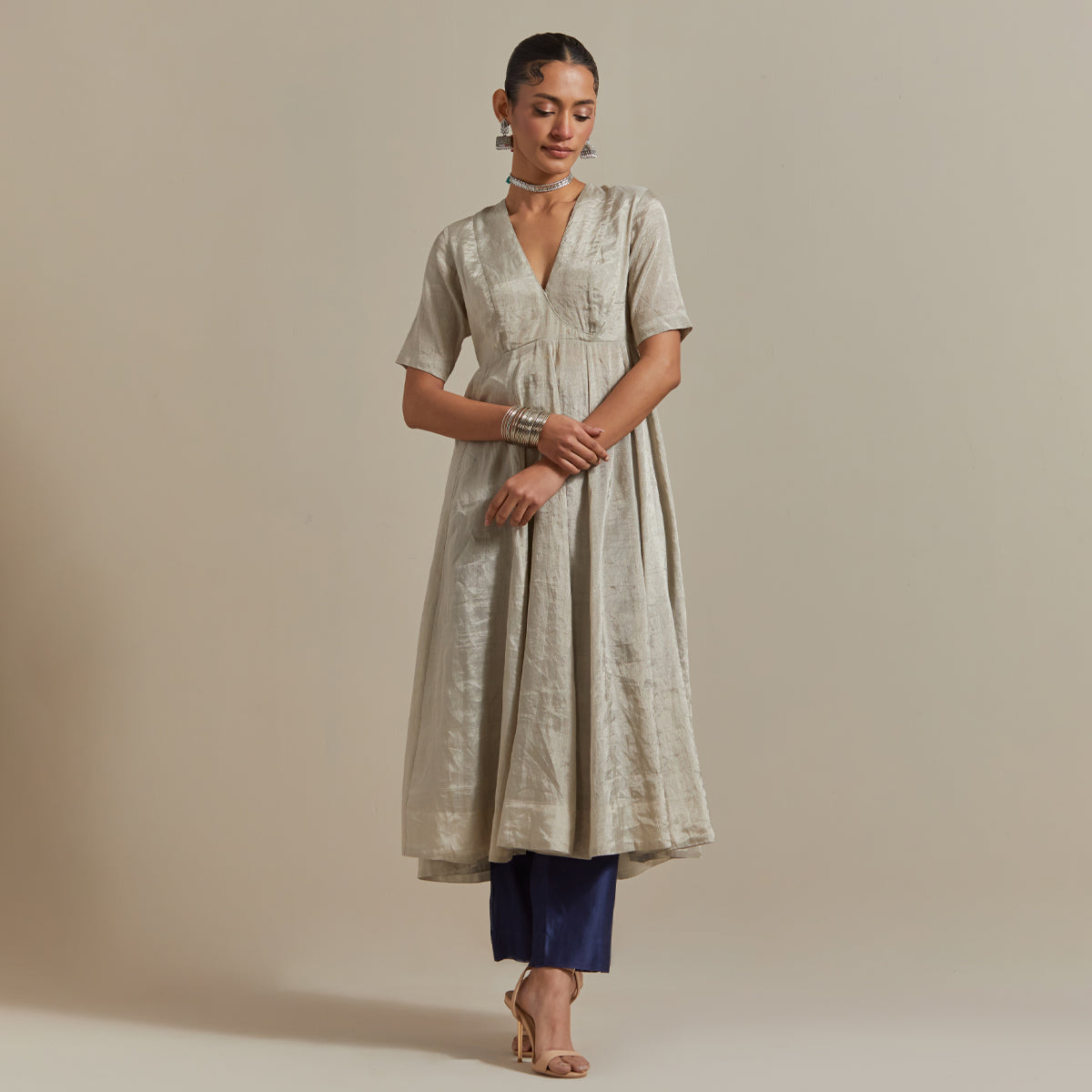 Silver Zari Anarkali, Pants and Blue Silver Stripes Dupatta in Chanderi Handloom