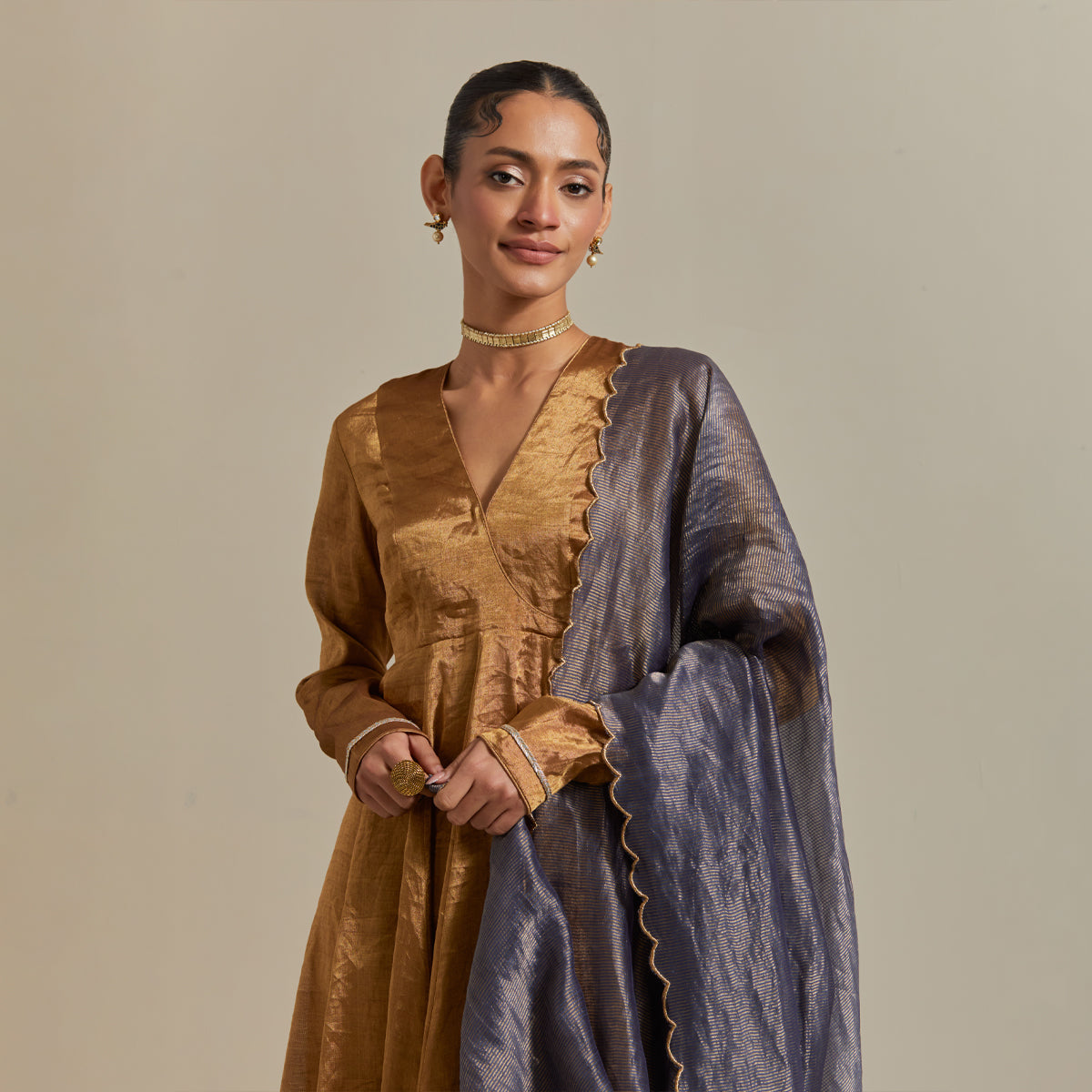 Gold Zari Silk Anarkali Set with Chanderi Stripe Scalloped Dupatta