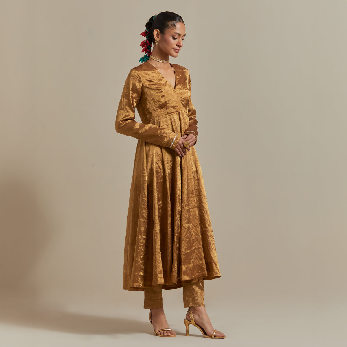 Gold Zari Silk Anarkali Set with Chanderi Stripe Scalloped Dupatta