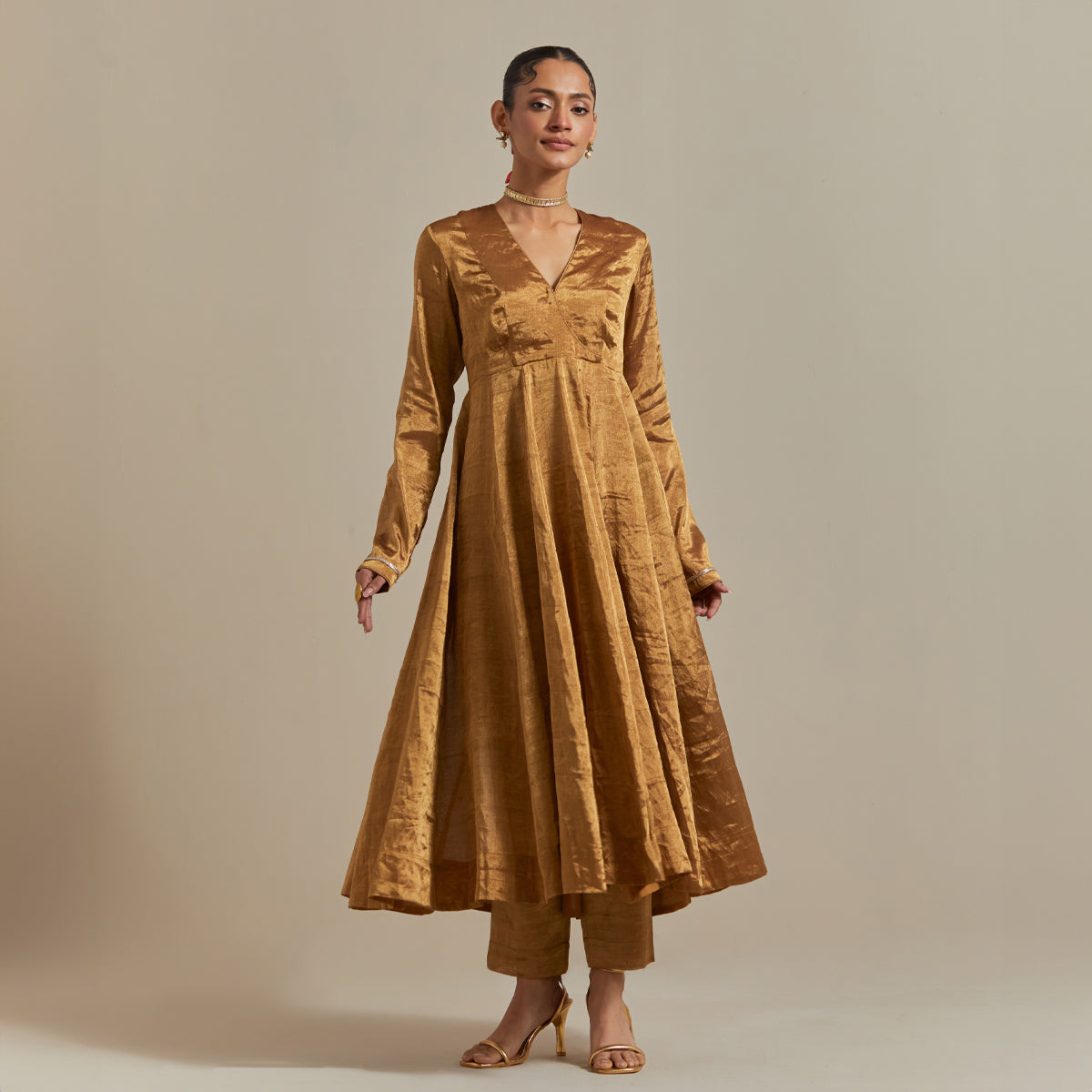 Gold Zari Silk Anarkali Set with Chanderi Stripe Scalloped Dupatta