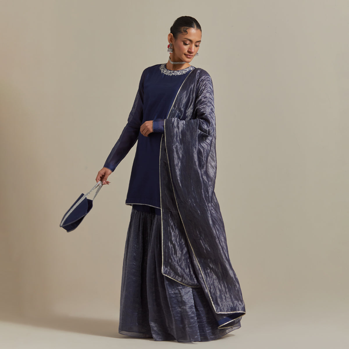 Embroidered Blue Chanderi Kurta & Gharara with Zari Stripe Dupatta