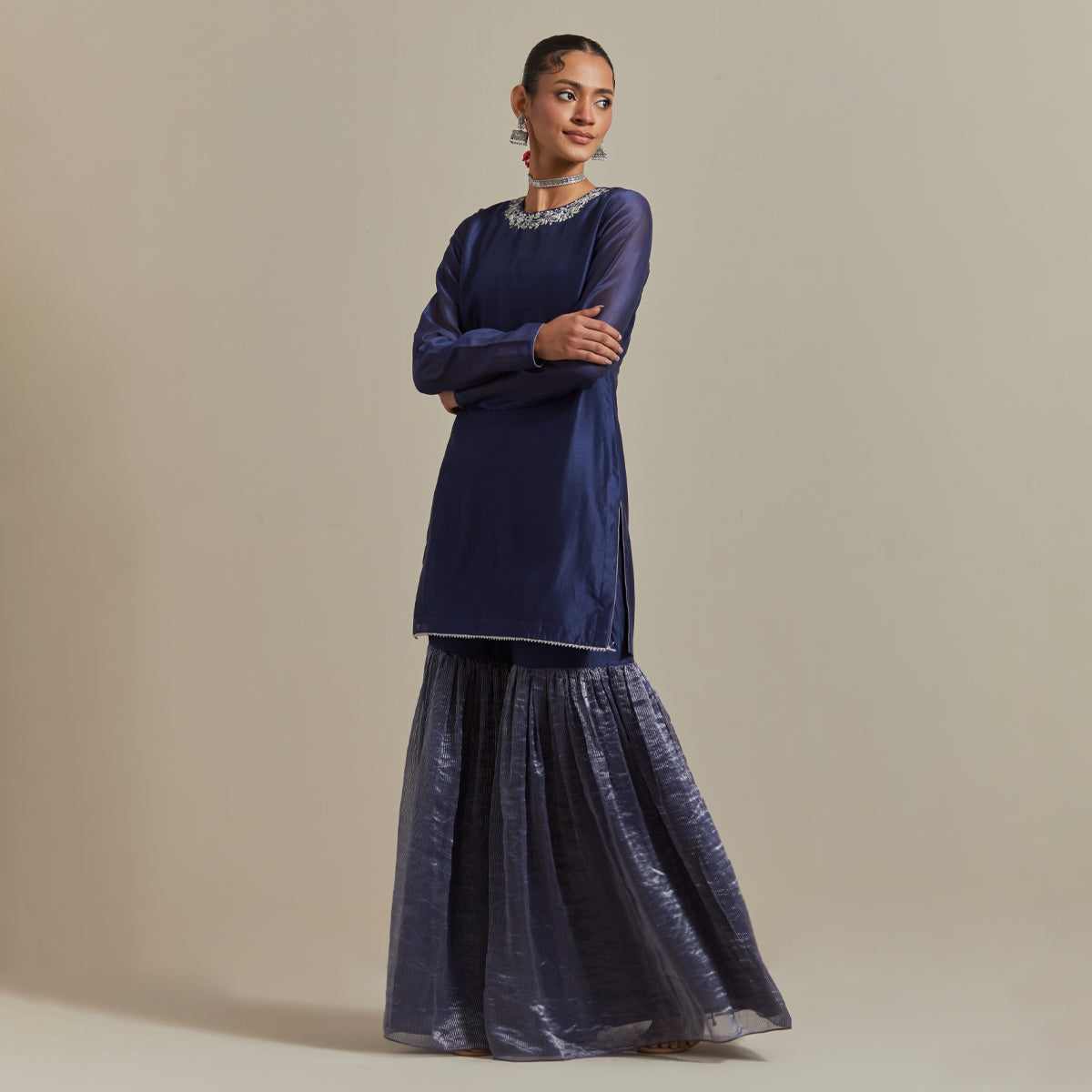 Embroidered Blue Chanderi Kurta & Gharara with Zari Stripe Dupatta