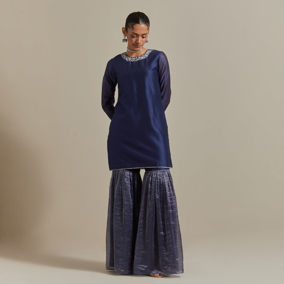 Embroidered Blue Chanderi Kurta & Gharara with Zari Stripe Dupatta