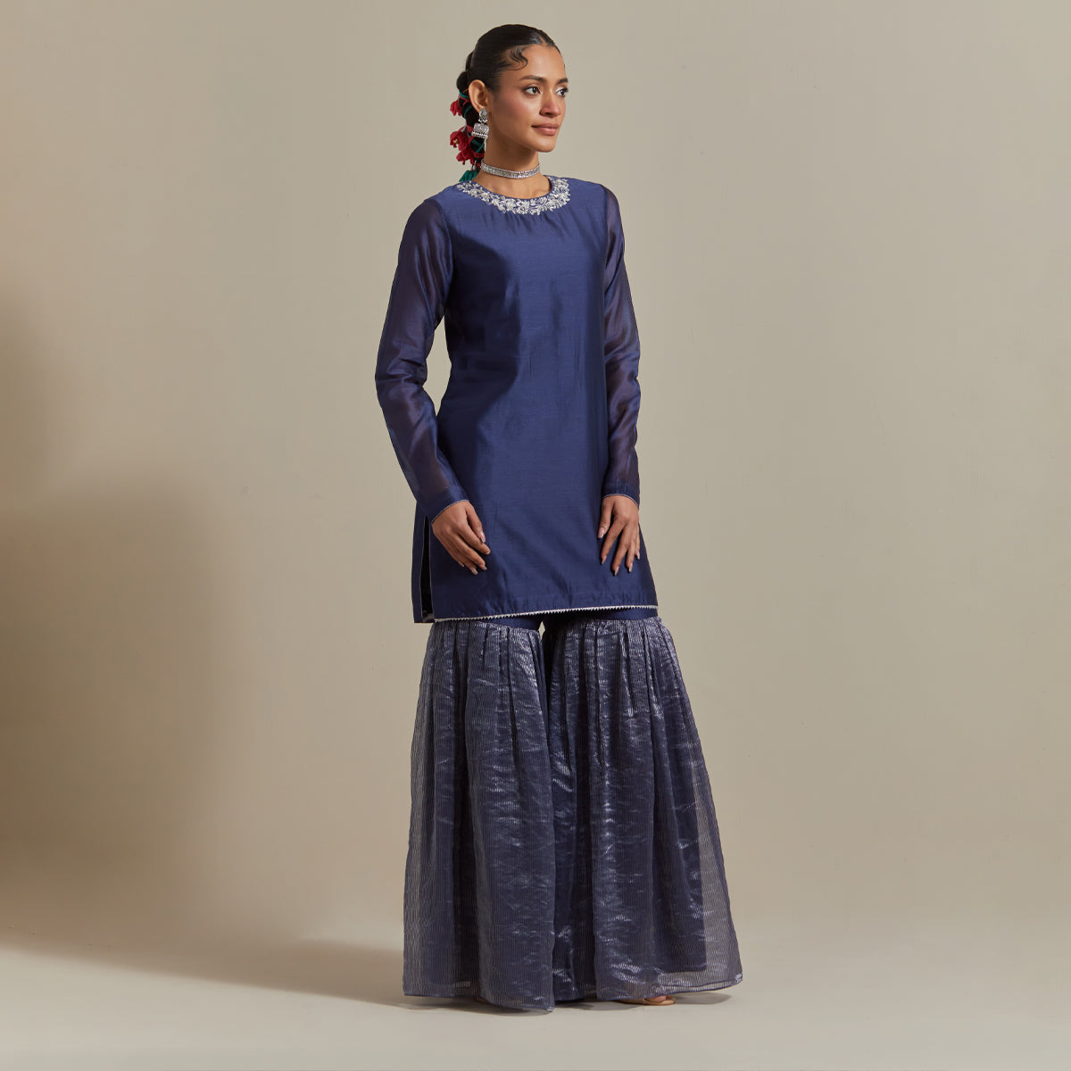 Embroidered Blue Chanderi Kurta & Gharara with Zari Stripe Dupatta