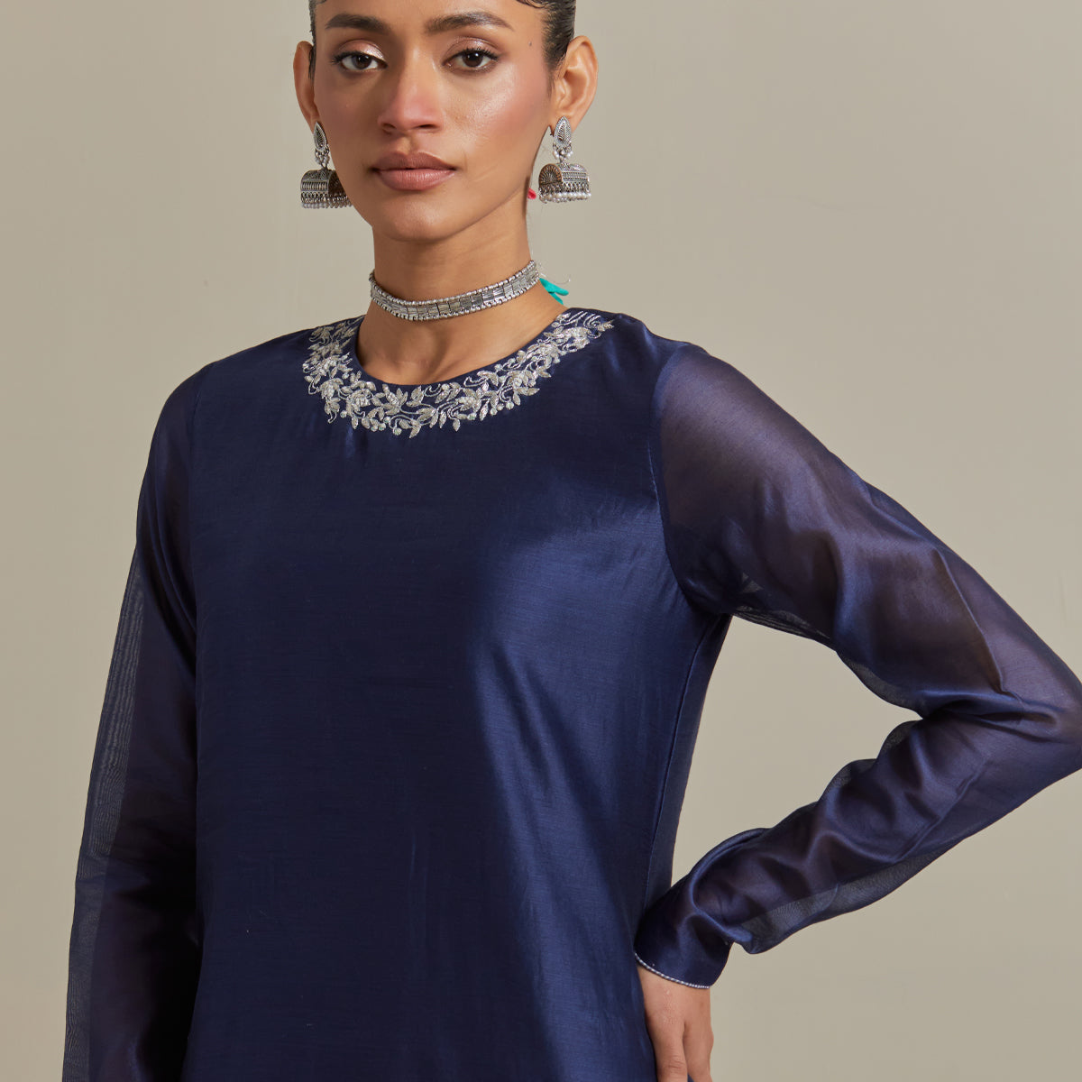 Embroidered Blue Chanderi Kurta & Gharara with Zari Stripe Dupatta