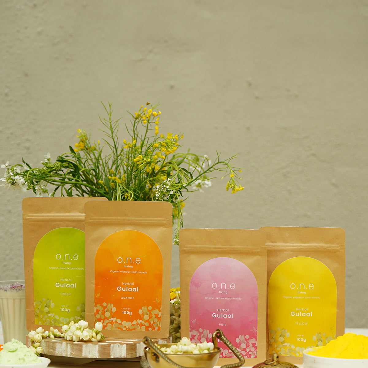 Natural Herbal Gulaal | Pink, Yellow, Green & Orange | Set of 4