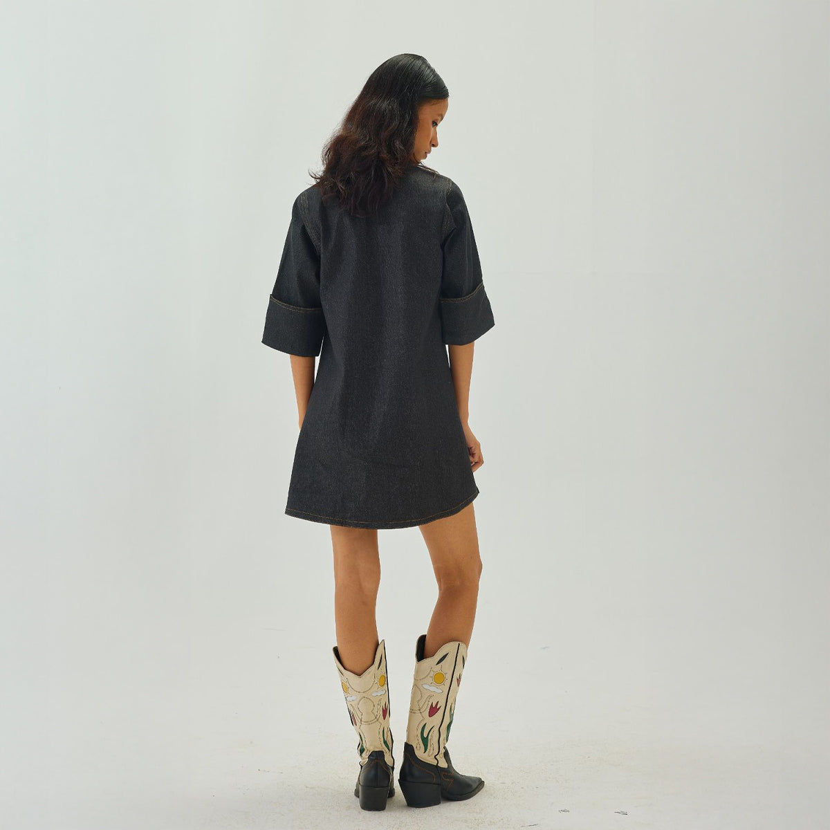 Denim V-Neck Collar A-Line Mini Dress | Graphite