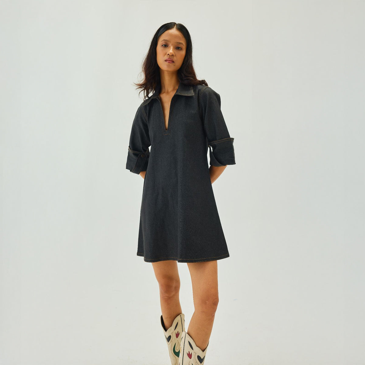 Denim V-Neck Collar A-Line Mini Dress | Graphite