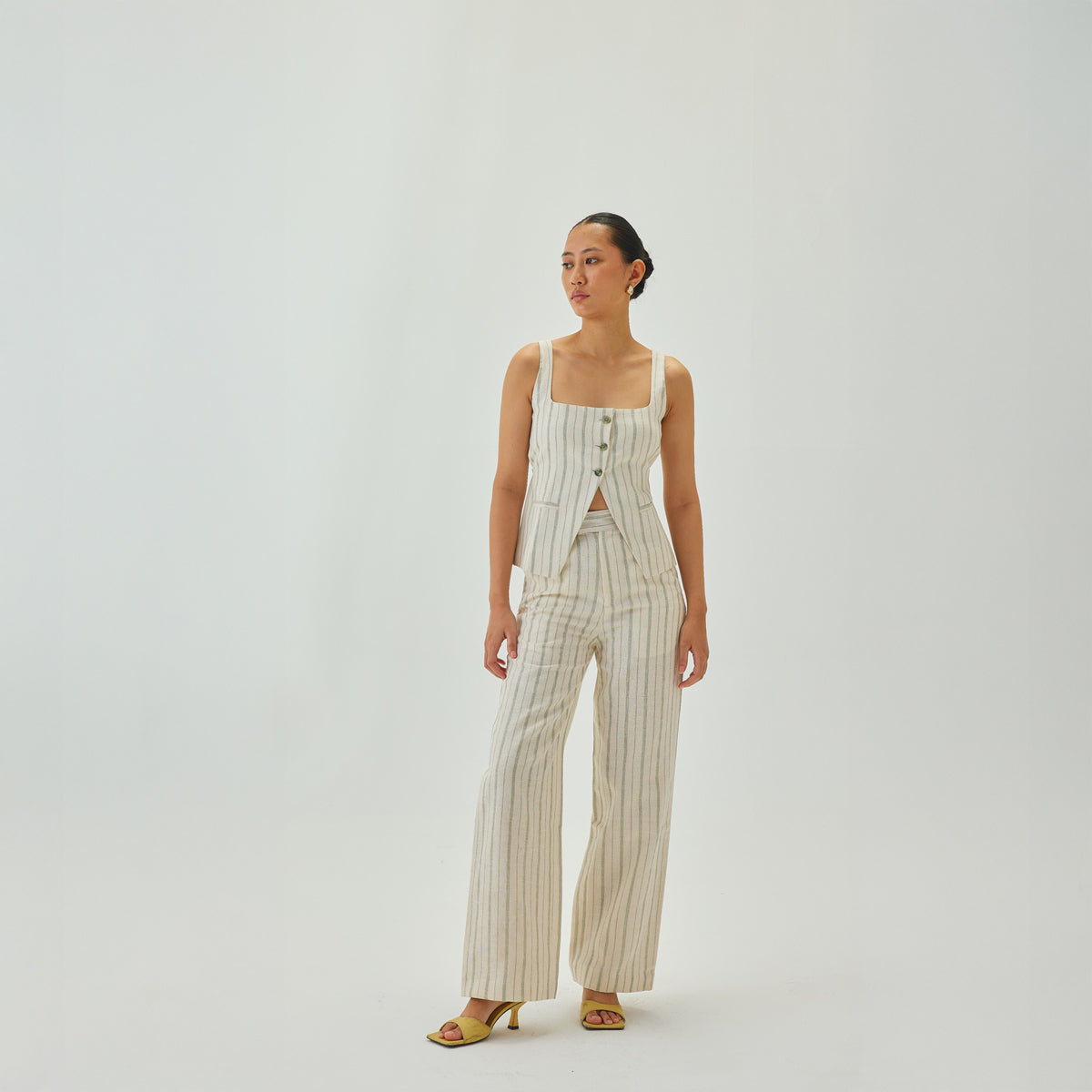 Linen Striped Square Neck Waistcoat | Off White & Green
