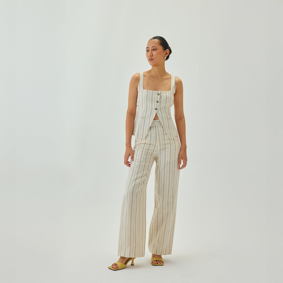 Linen Striped Straight Pants | Off White & Green