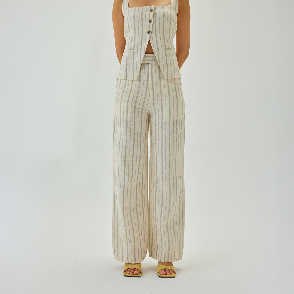 Linen Striped Straight Pants | Off White & Green