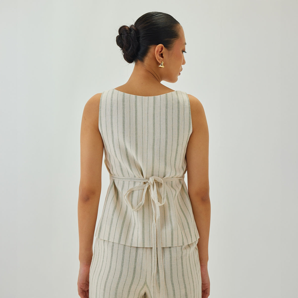 Linen Striped Square Neck Waistcoat | Off White & Green