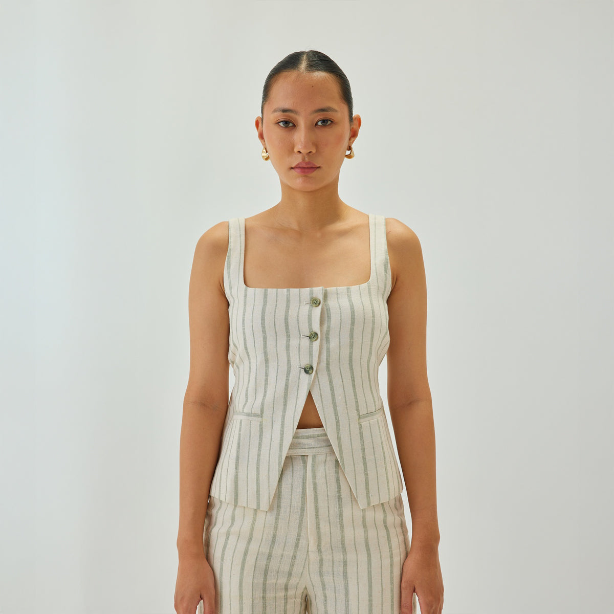 Linen Striped Square Neck Waistcoat | Off White & Green