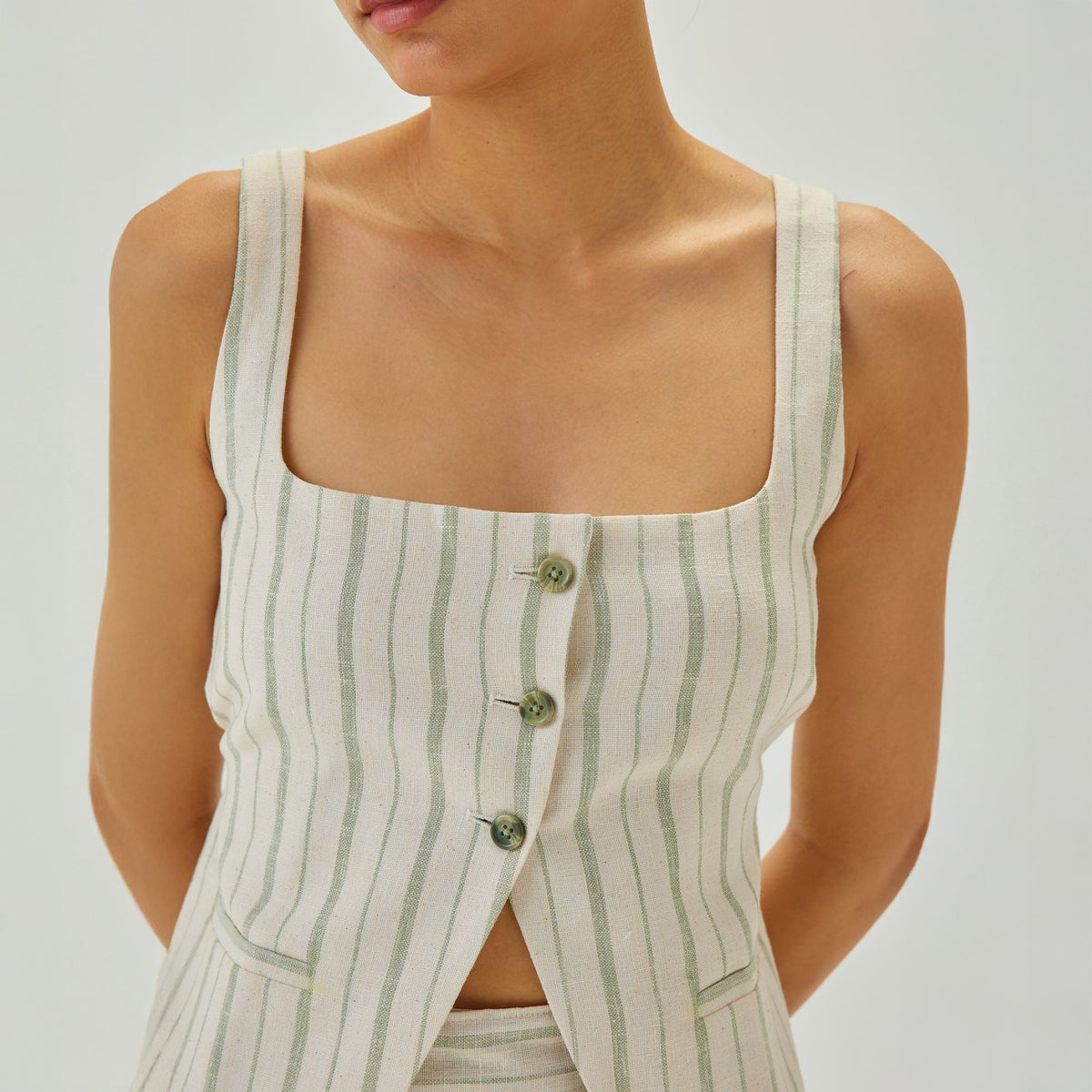 Linen Striped Square Neck Waistcoat | Off White & Green