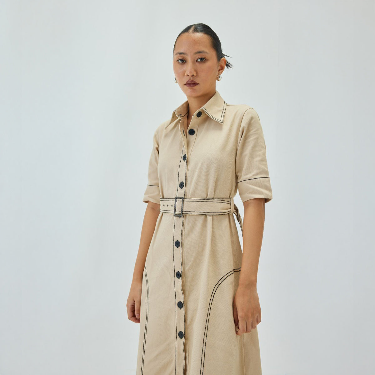 Top Stitch Midi Shirt Dress | Off White