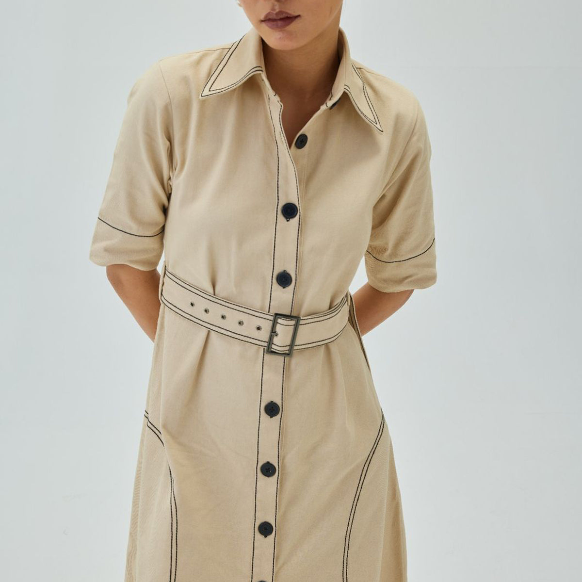 Top Stitch Midi Shirt Dress | Off White
