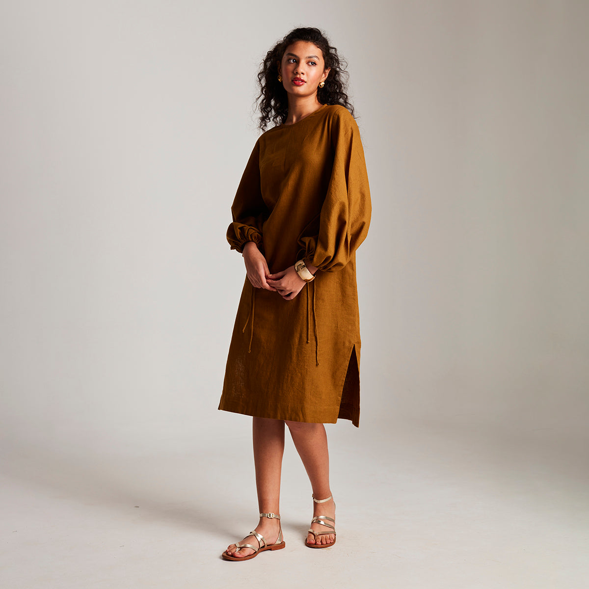 Olive Co-Linen Balloon Sleeves Dress