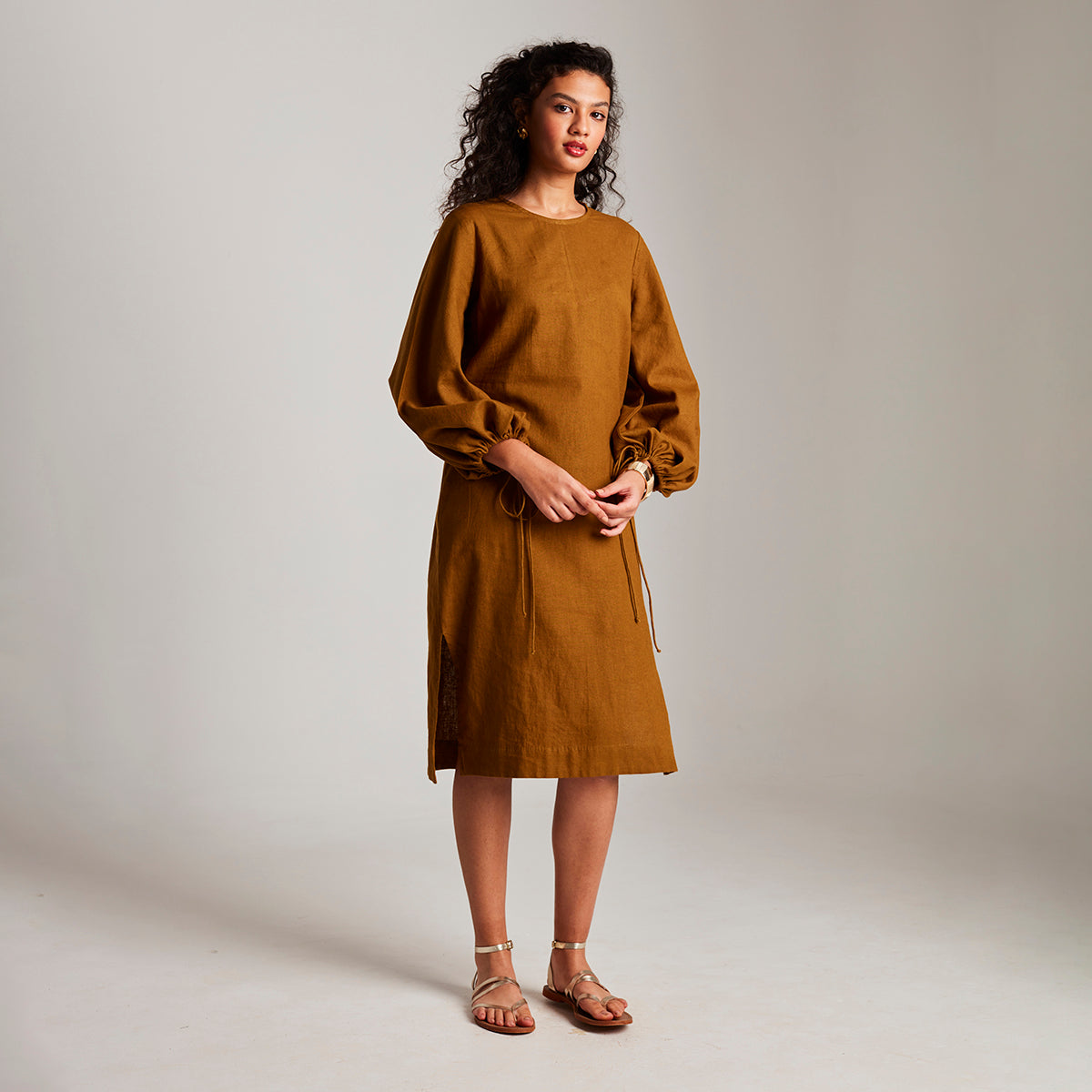 Olive Co-Linen Balloon Sleeves Dress