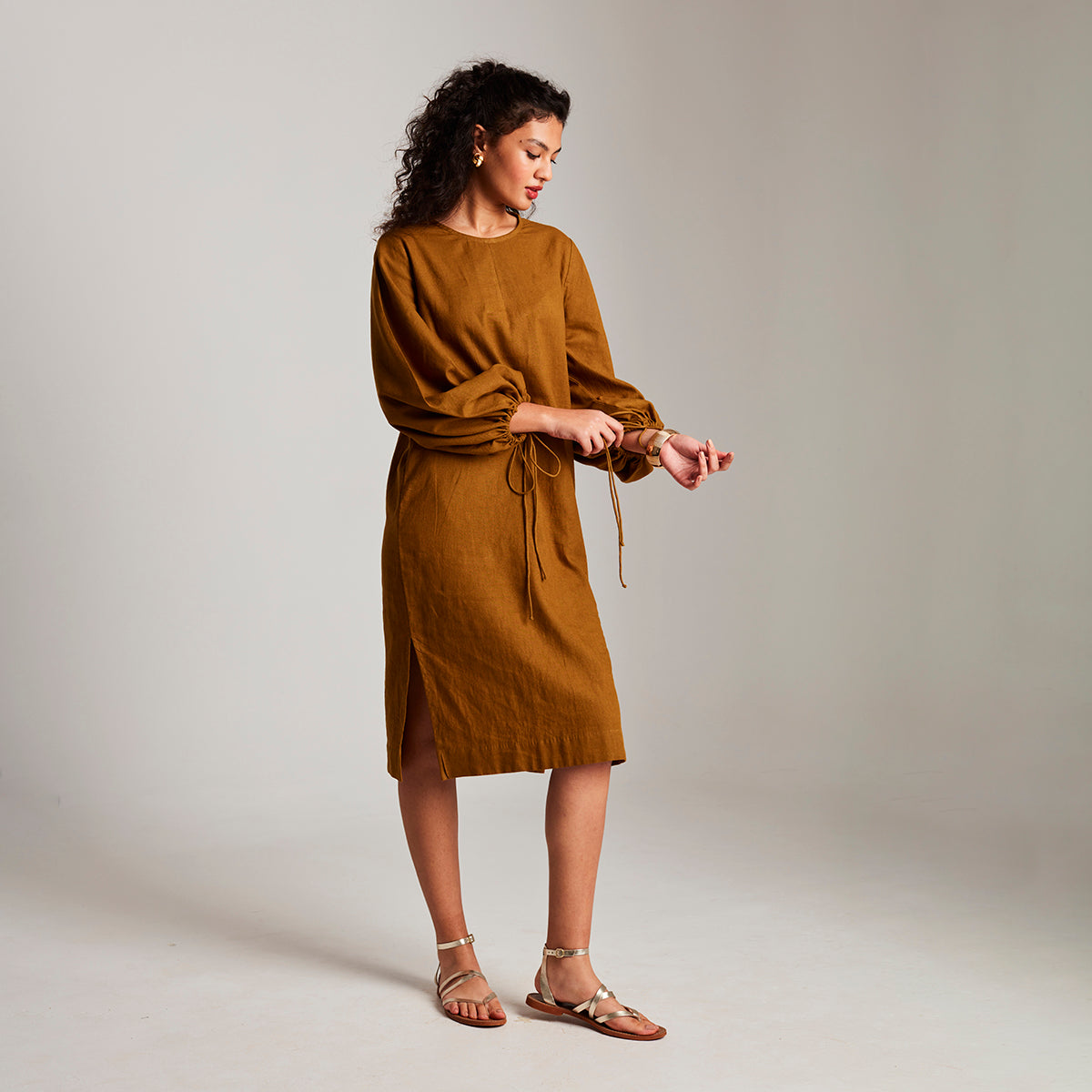 Olive Co-Linen Balloon Sleeves Dress