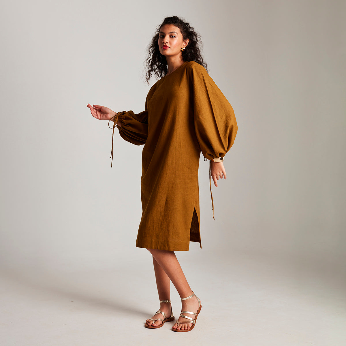 Olive Co-Linen Balloon Sleeves Dress