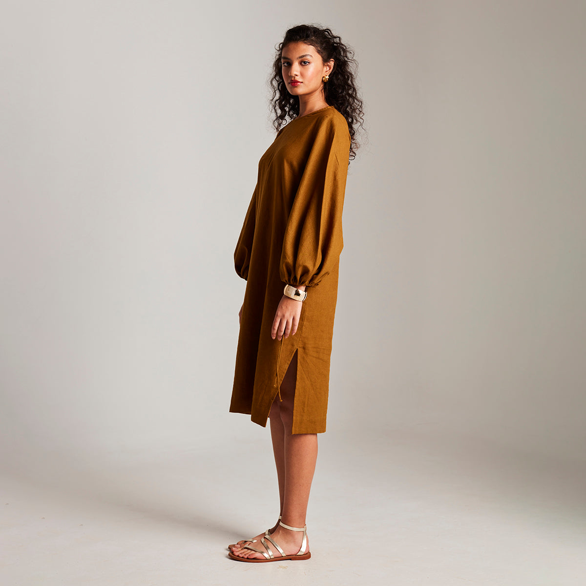 Olive Co-Linen Balloon Sleeves Dress