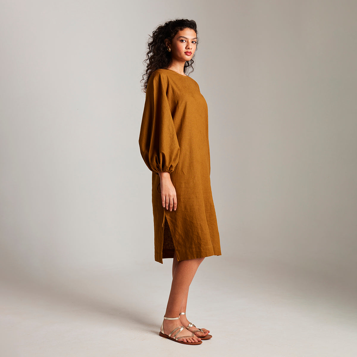 Olive Co-Linen Balloon Sleeves Dress