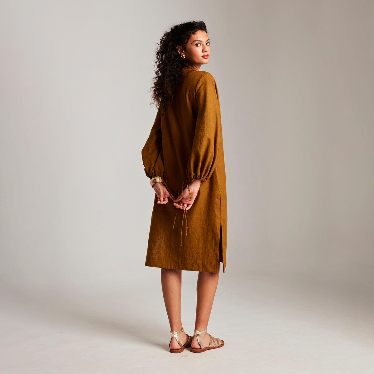 Olive Co-Linen Balloon Sleeves Dress