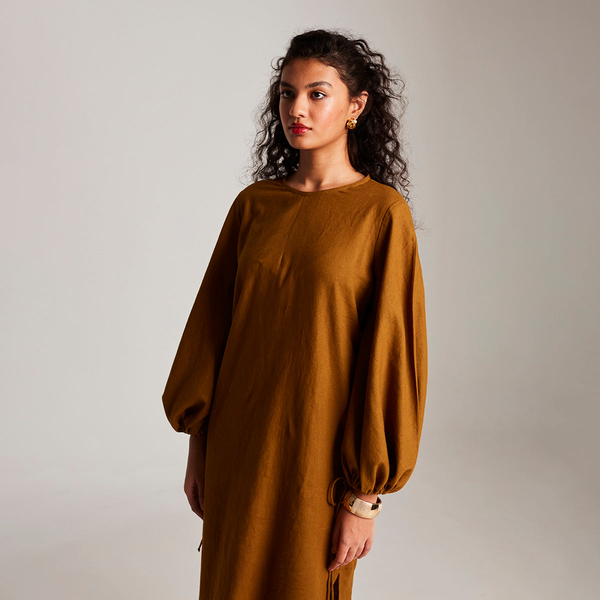 Olive Co-Linen Balloon Sleeves Dress