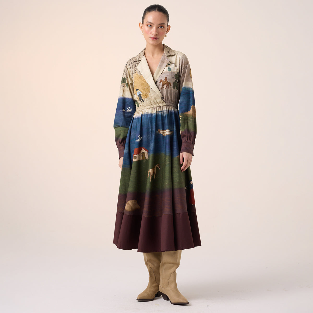 Print Blocked Dress (Village Print)