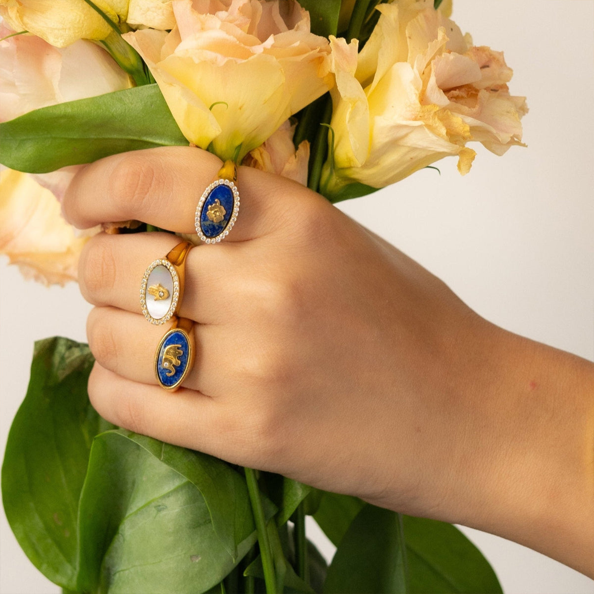 Hamsa Studded Mother of Pearl Signet Ring Adjustable