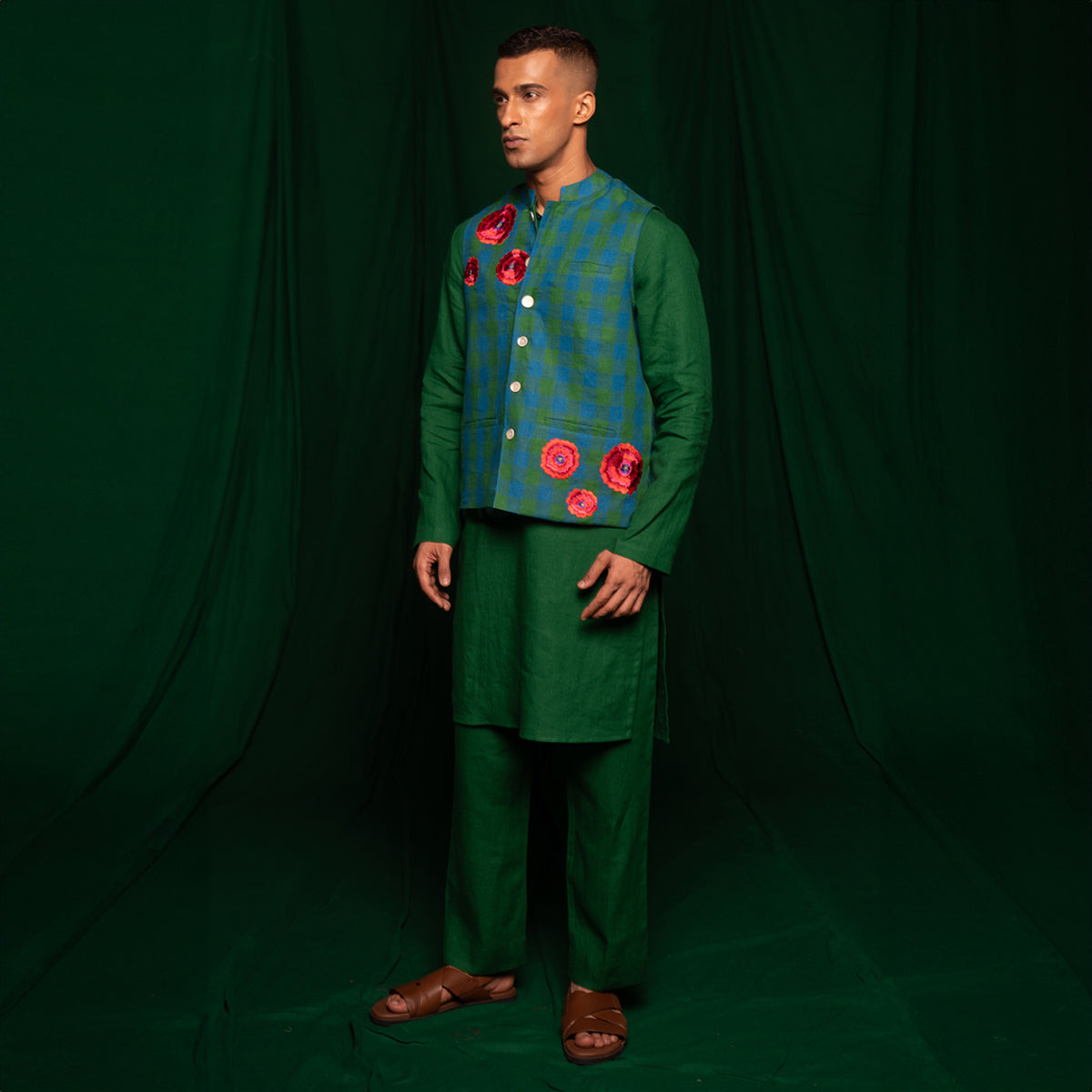 Forest Linen Nehru Jacket