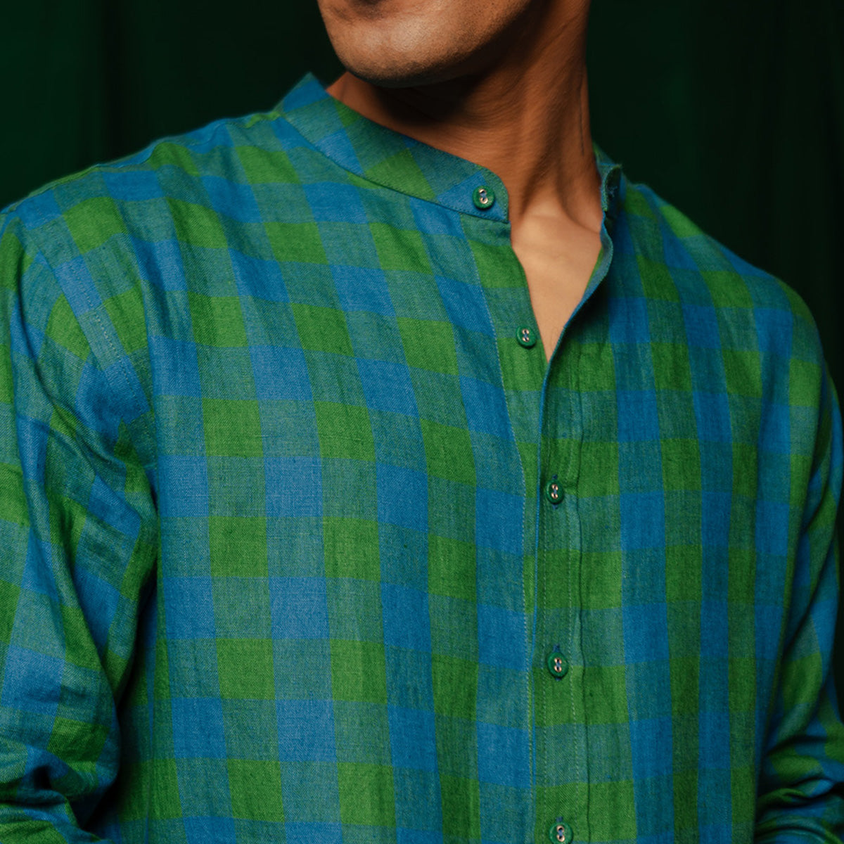 Forest Linen Men's Band Collar Shirt Set