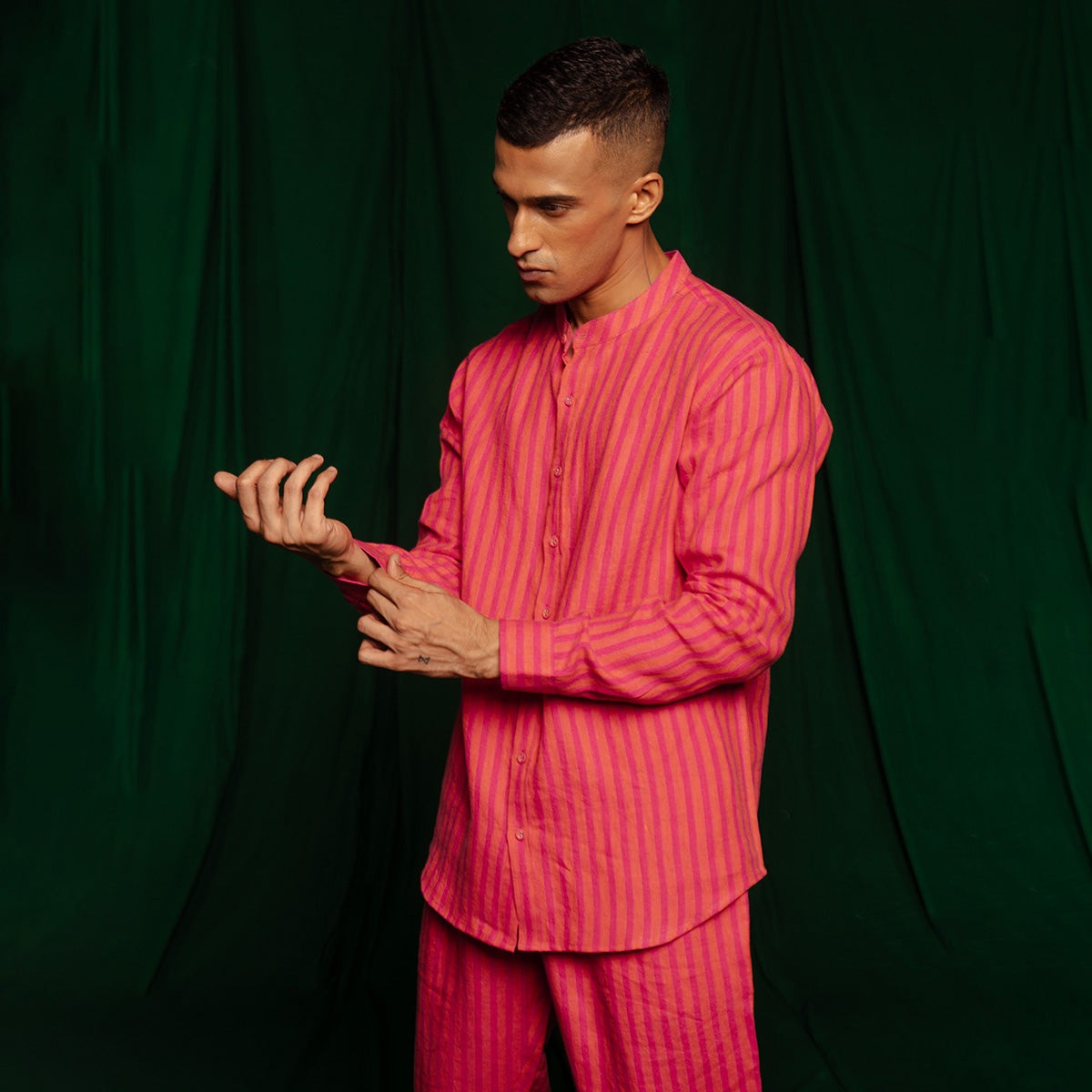 Coral Linen Men's Band Collar Shirt Set