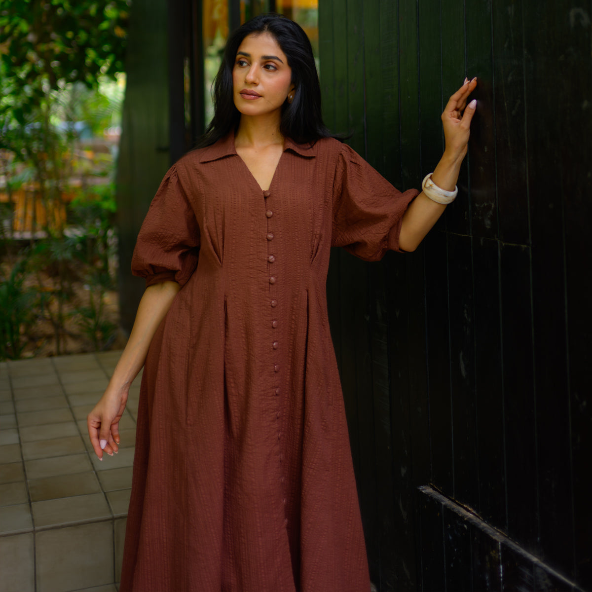 Rust Brown Twirl Flounce Maxi Dress