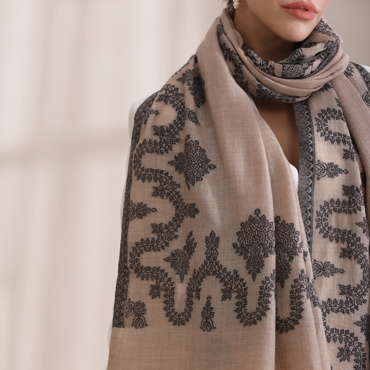 Pankhudi Woven Jamawar Border Stole, Beige