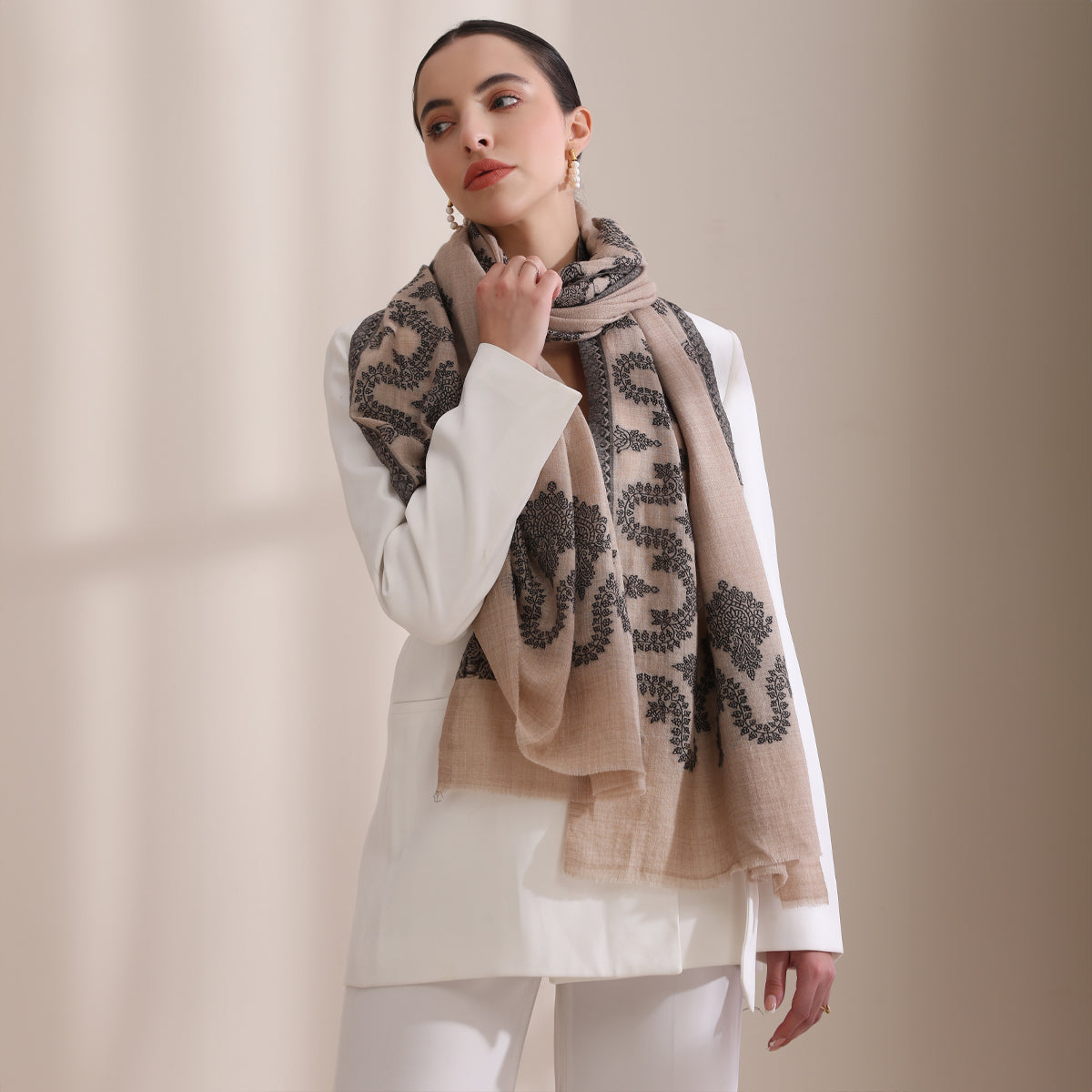 Pankhudi Woven Jamawar Border Stole, Beige