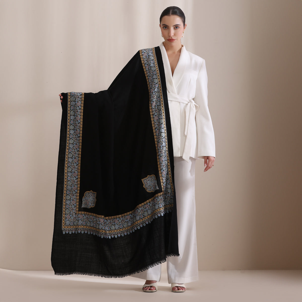 Abhuti Intricate Embroidered Shawl With Borderblack