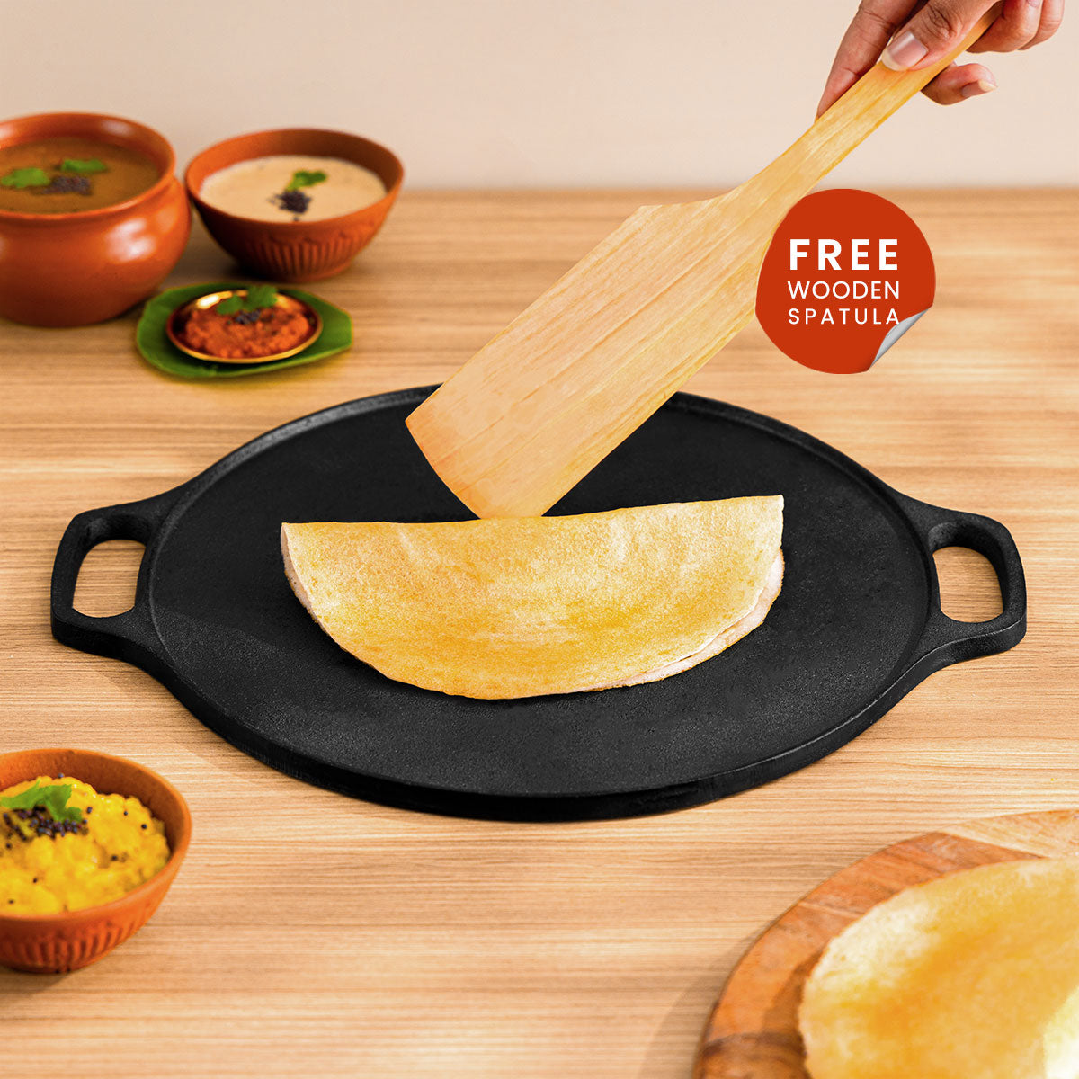 Cast Iron Dosa Tawa with Wooden Ladle | Pre-seasoned | 12 Inches