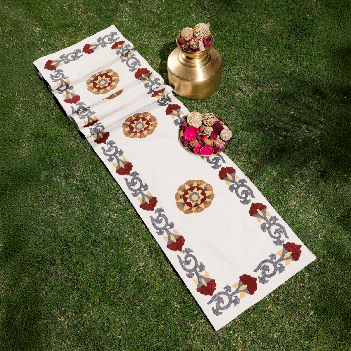 Suzani Style Crewel Embroidered Fergana Table Runner